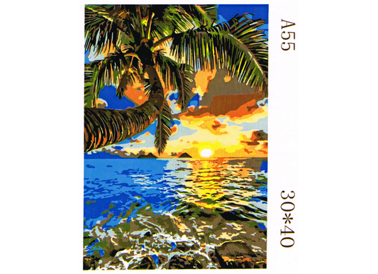 Strand mit Palme im Sonnenuntergang Malen nach Zahlen 18 Acrylfarben 298x398 mm A55