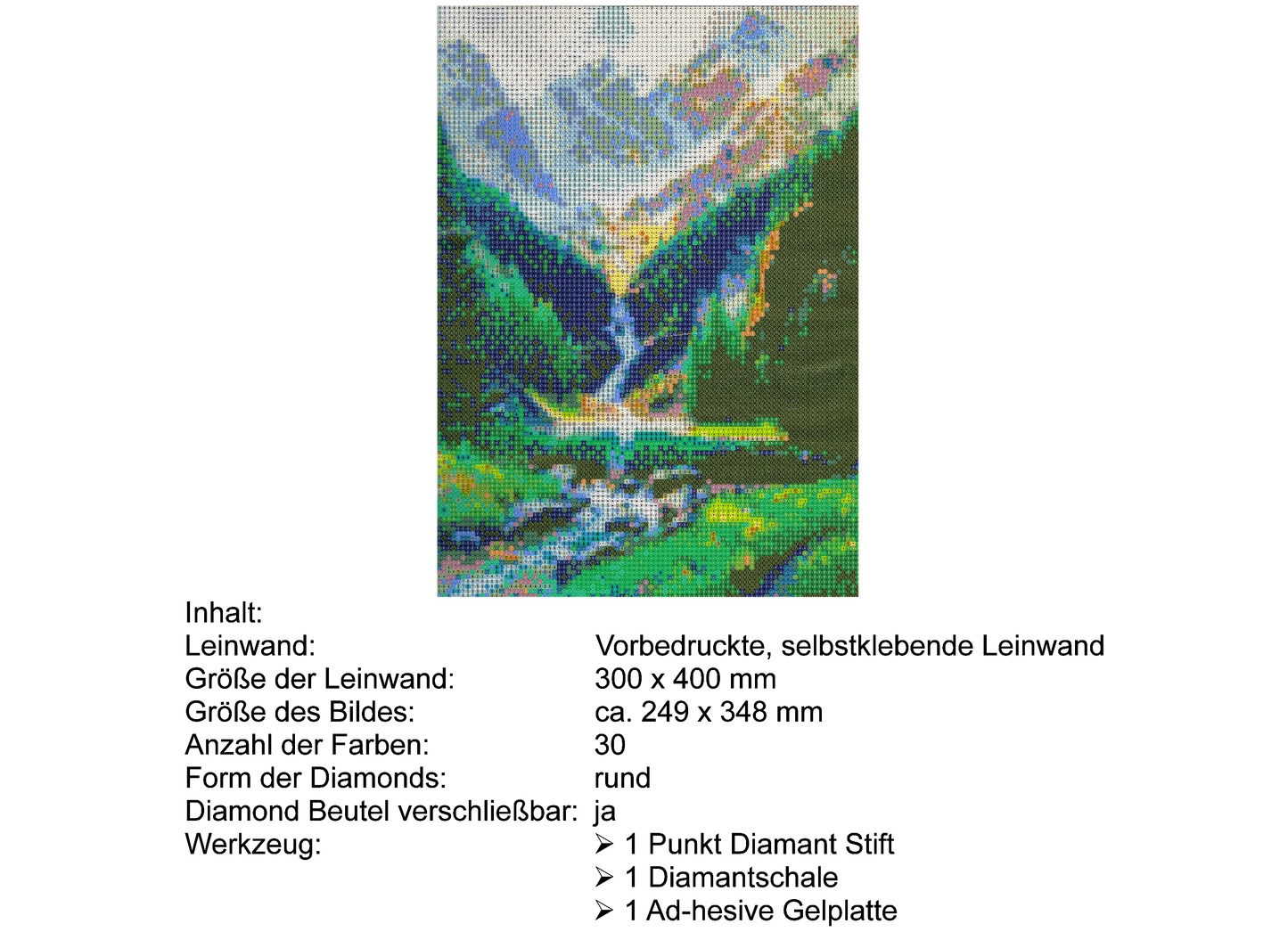 Wasserfall im Gebirgstal Diamond Painting 30 Farben 300 x 400 mm  CY-FJ00104