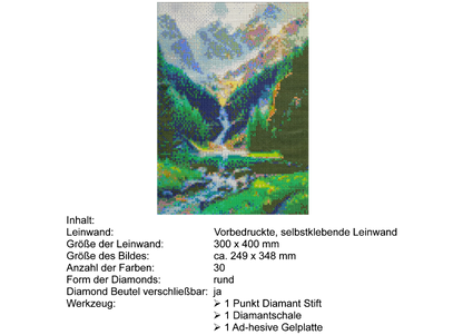 Wasserfall im Gebirgstal Diamond Painting 30 Farben 300 x 400 mm  CY-FJ00104