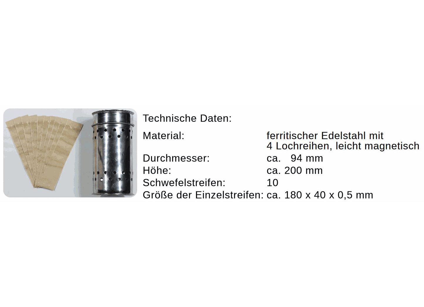 Edelstahl Schwefeldose Set mit 10 Schwefelstreifen braun zur Desinfektion bei Wachsmotte