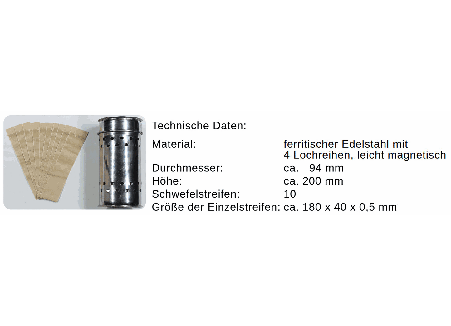 Edelstahl Schwefeldose Set mit 10 Schwefelstreifen braun zur Desinfektion bei Wachsmotte