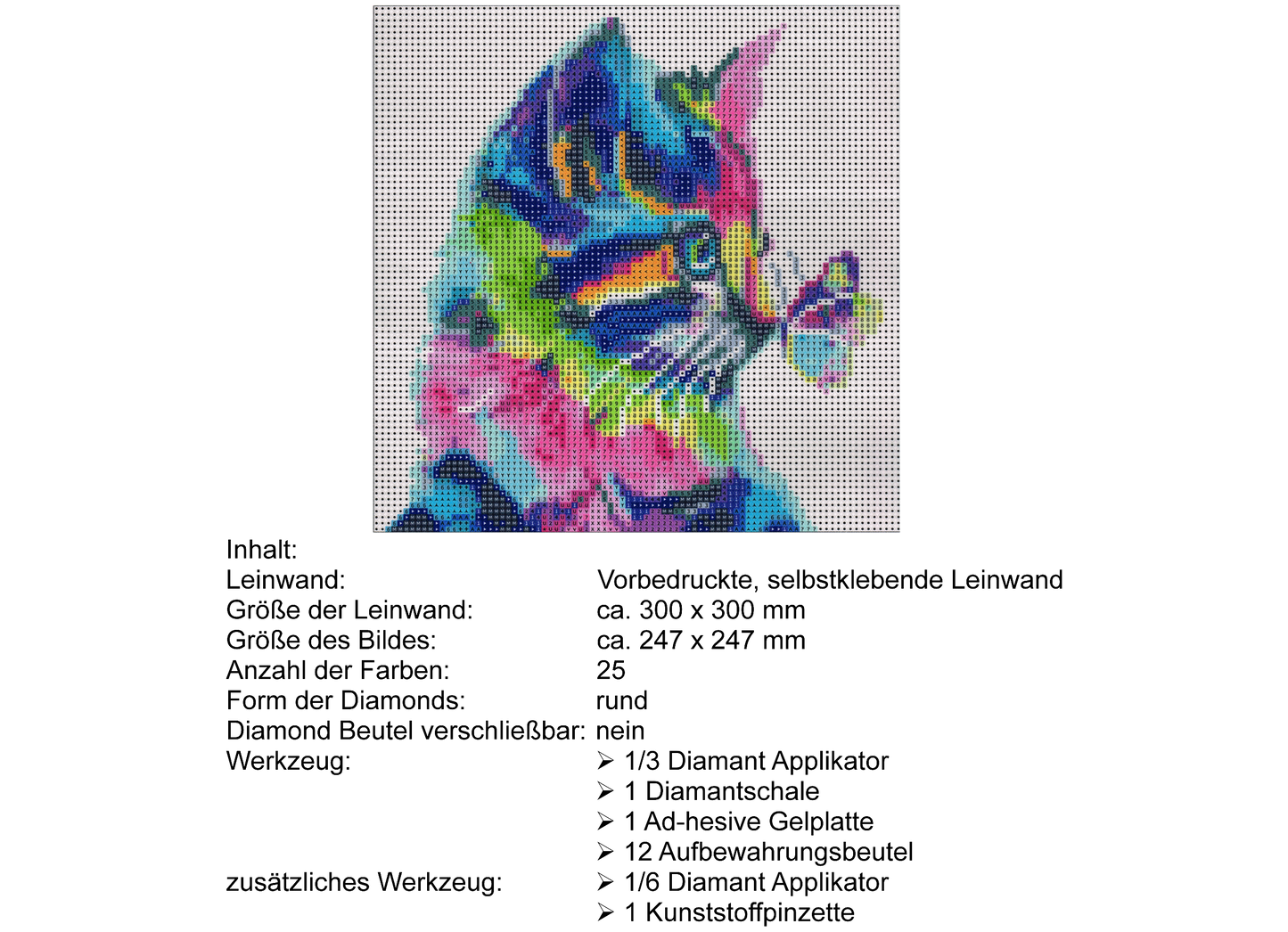 Bunter Katzenkopf mit Schmetterling Diamond Painting  25 Farben 300 x 300 mm  LC6300