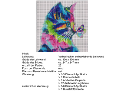 Bunter Katzenkopf mit Schmetterling Diamond Painting  25 Farben 300 x 300 mm  LC6300