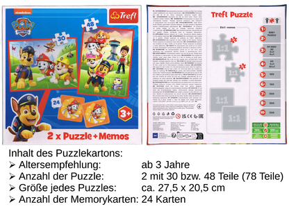 PAW Patrol Puzzle 30 + 48 Teile und Memory 2 x 12 Karten ab 3 Jahre Trefl 93337