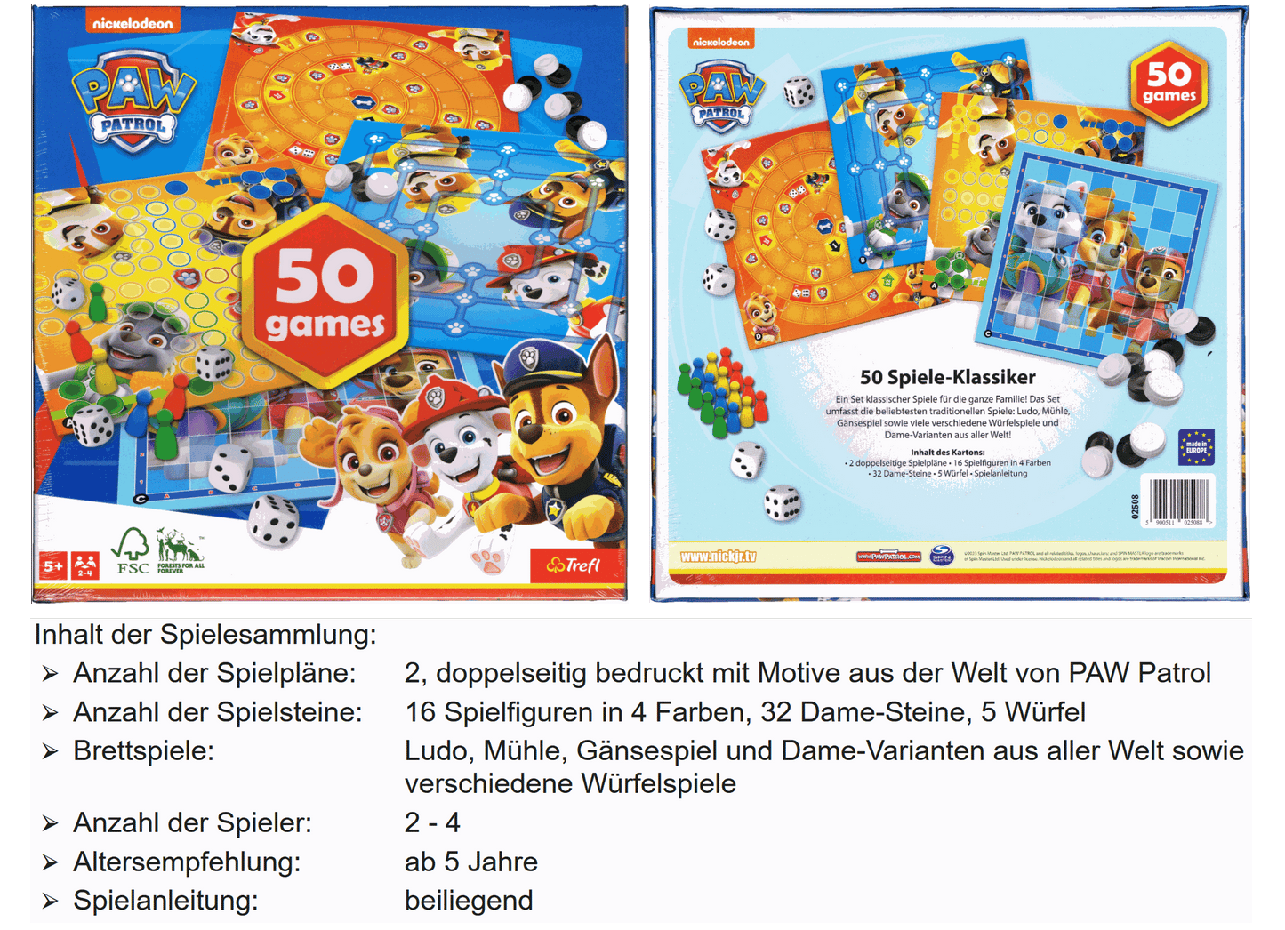 PAW Patrol 50 Spiele Spielesammlung Trefl 02508 für 2 bis 4 Spieler ab 5 Jahre