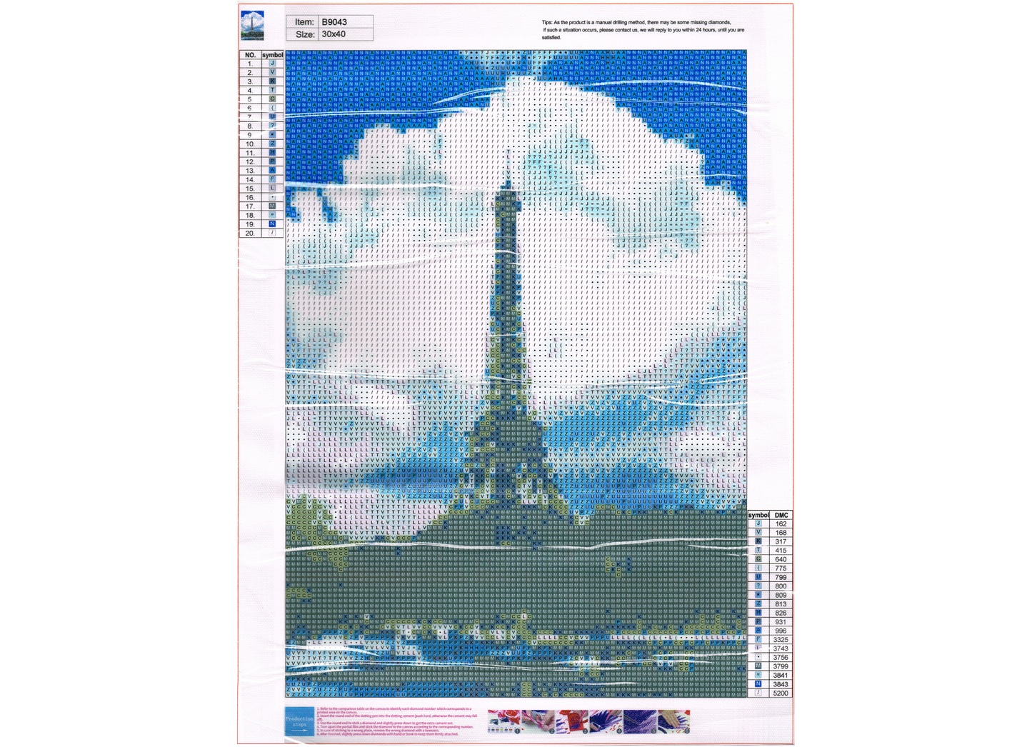 Eiffelturm vor Wolken mit Seine Diamond Painting 20 Farben 30x40 cm B9043