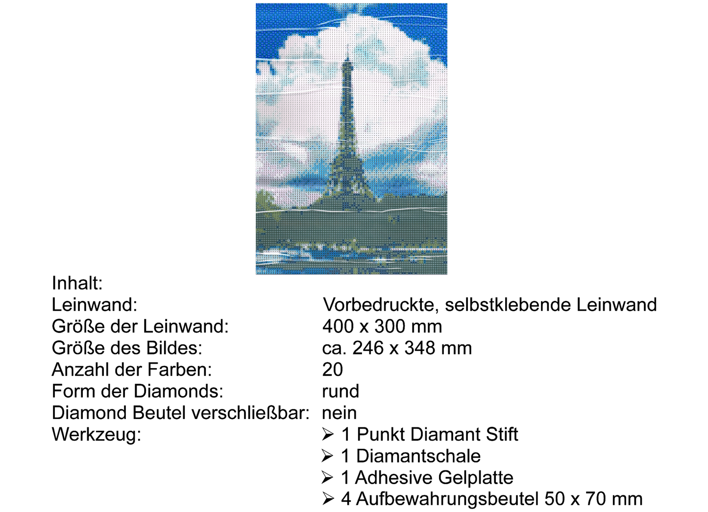 Eiffelturm vor Wolken mit Seine Diamond Painting 20 Farben 30x40 cm B9043