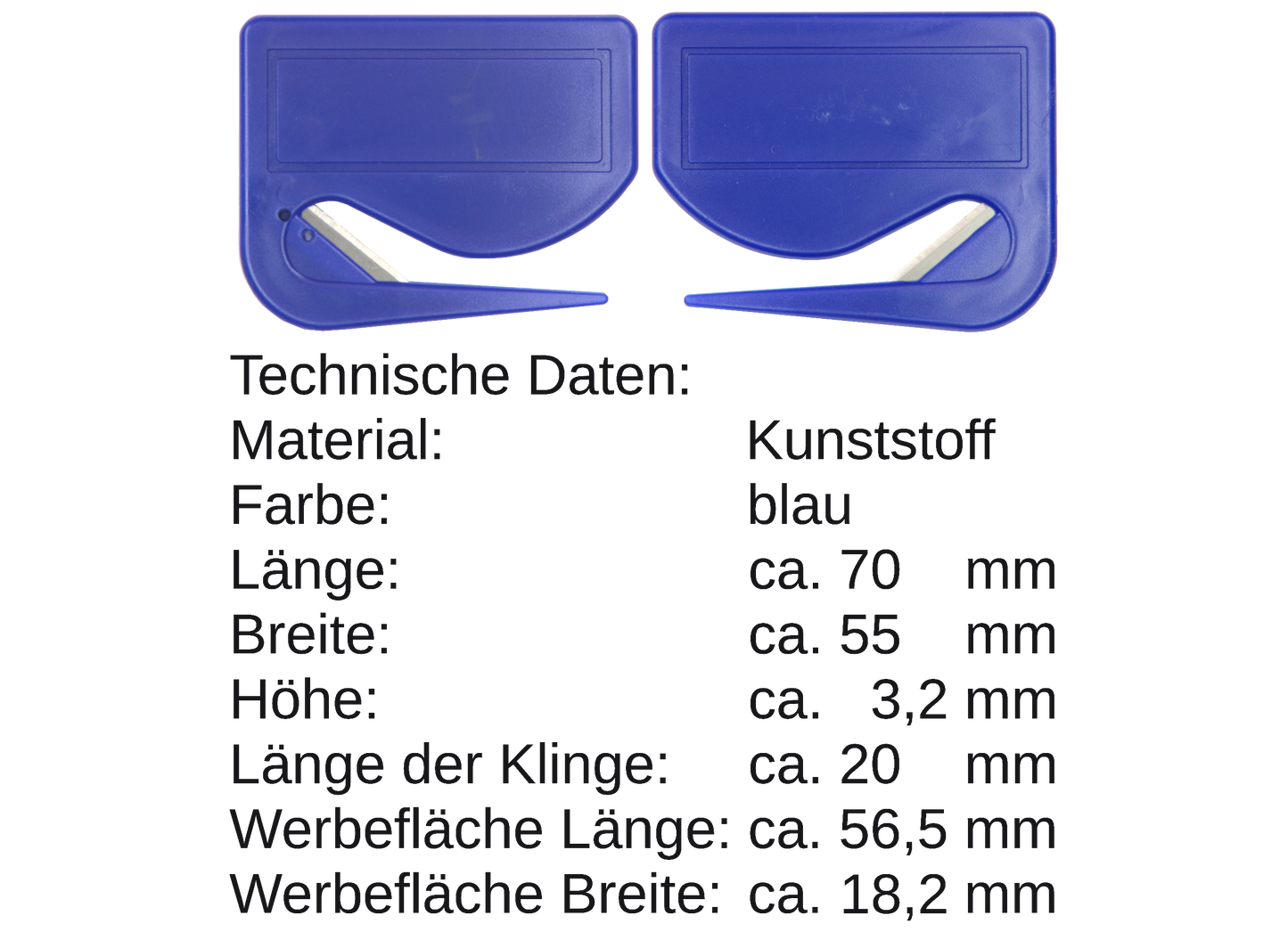 5 / 10 St. Brieföffner mit integrierter Klinge aus Kunststoff und Werbefeld blau 70x55x3 mm