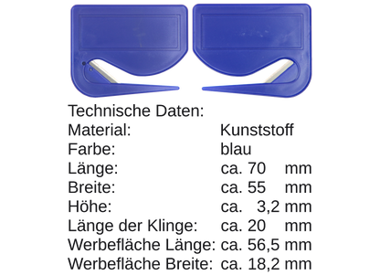 5 / 10 St. Brieföffner mit integrierter Klinge aus Kunststoff und Werbefeld blau 70x55x3 mm