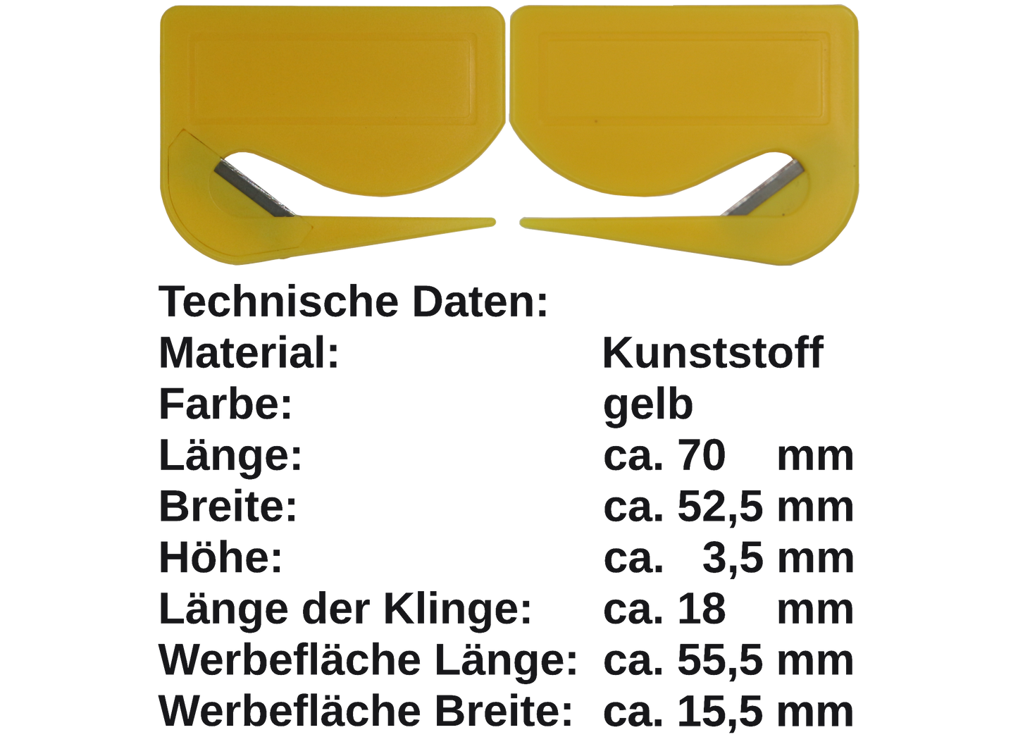 5 / 10 St. Brieföffner mit integrierter Klinge aus Kunststoff und Werbefeld gelb 70x52x3 mm