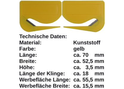 5 / 10 St. Brieföffner mit integrierter Klinge aus Kunststoff und Werbefeld gelb 70x52x3 mm