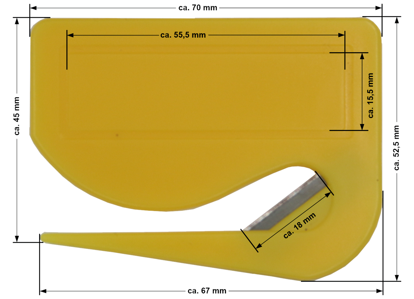 5 / 10 St. Brieföffner mit integrierter Klinge aus Kunststoff und Werbefeld gelb 70x52x3 mm