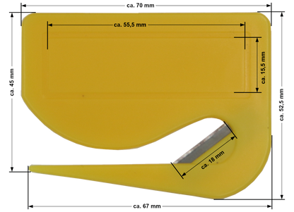 5 / 10 St. Brieföffner mit integrierter Klinge aus Kunststoff und Werbefeld gelb 70x52x3 mm