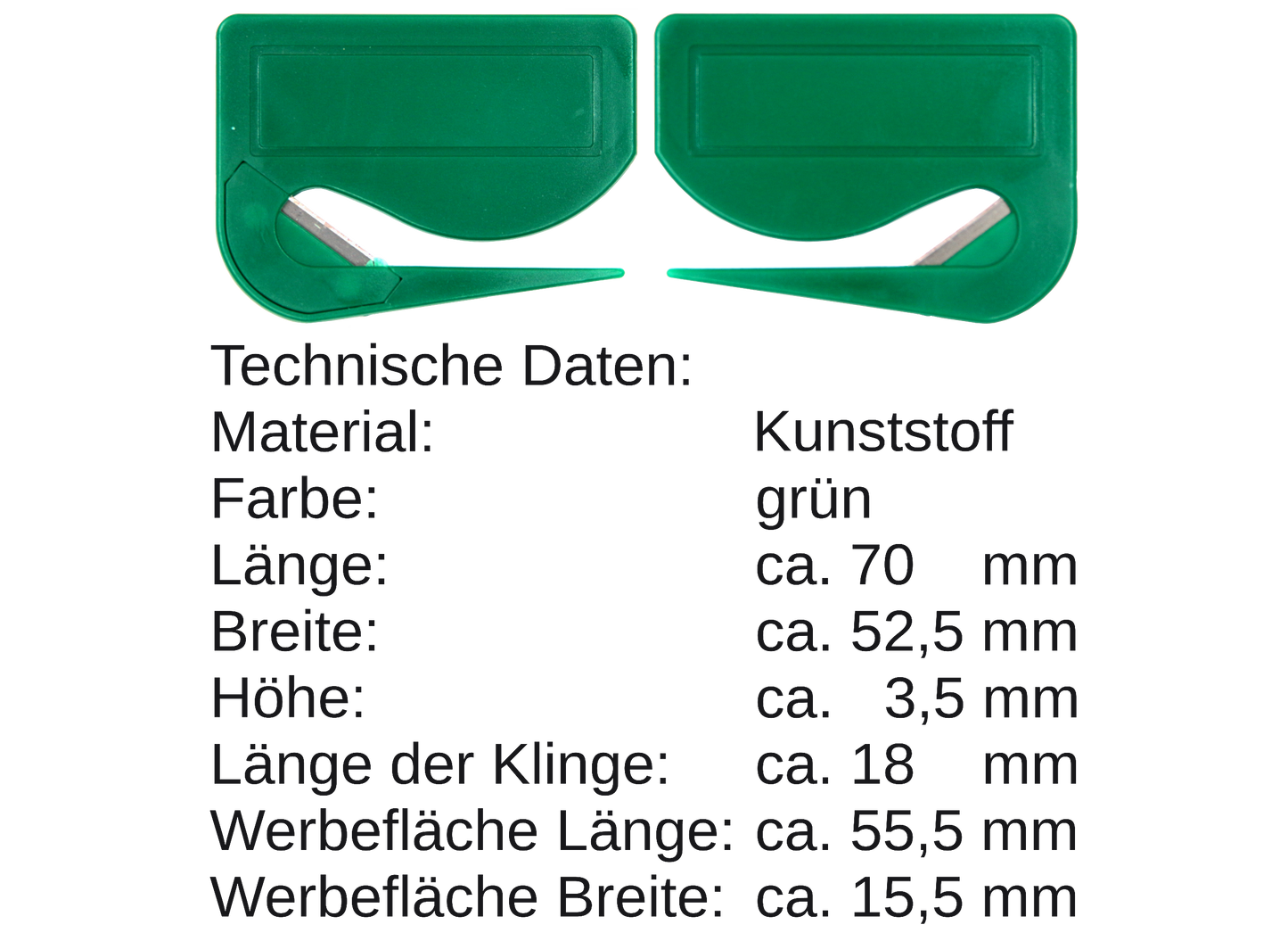 5 / 10 St. Brieföffner mit integrierter Klinge aus Kunststoff und Werbefeld grün 70x52x3 mm