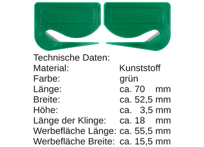 5 / 10 St. Brieföffner mit integrierter Klinge aus Kunststoff und Werbefeld grün 70x52x3 mm