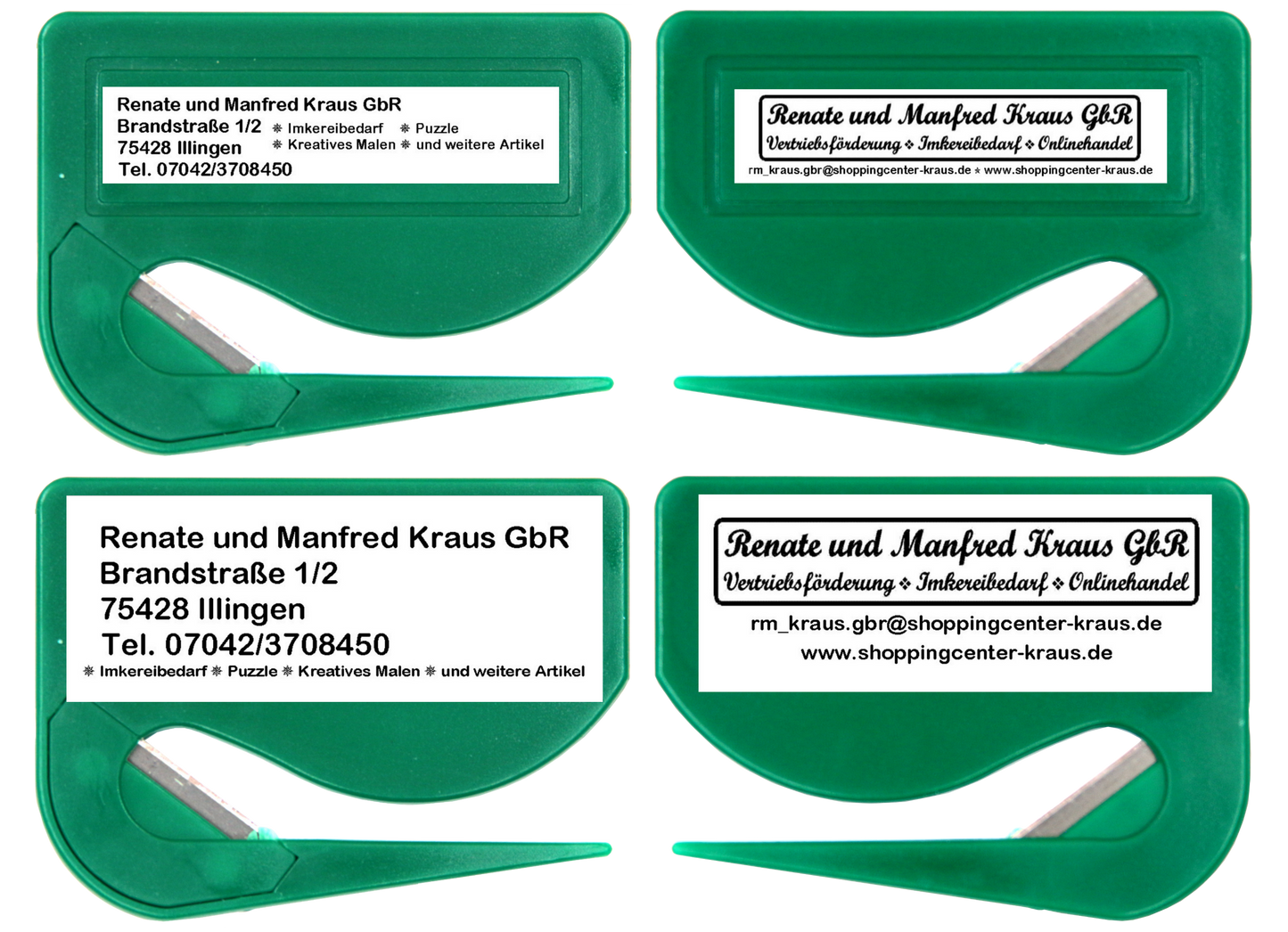 5 / 10 St. Brieföffner mit integrierter Klinge aus Kunststoff und Werbefeld grün 70x52x3 mm