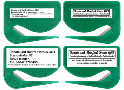 5 / 10 St. Brieföffner mit integrierter Klinge aus Kunststoff und Werbefeld grün 70x52x3 mm