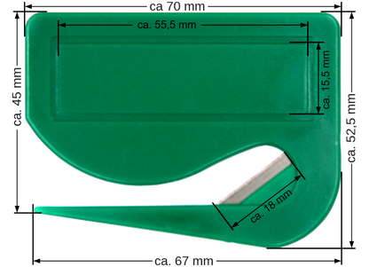 5 / 10 St. Brieföffner mit integrierter Klinge aus Kunststoff und Werbefeld grün 70x52x3 mm