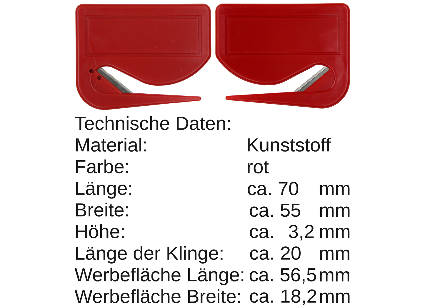 5 / 10 St. Brieföffner mit integrierter Klinge aus Kunststoff und Werbefeld rot 70x55x3 mm