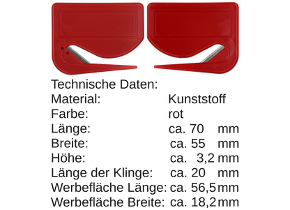 5 / 10 St. Brieföffner mit integrierter Klinge aus Kunststoff und Werbefeld rot 70x55x3 mm