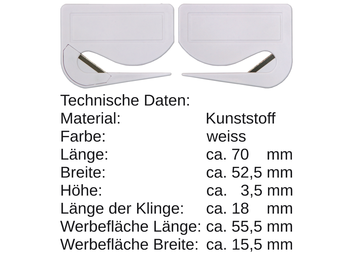 5 / 10 St. Brieföffner mit integrierter Klinge aus Kunststoff und Werbefeld weiß 70x52x3 mm