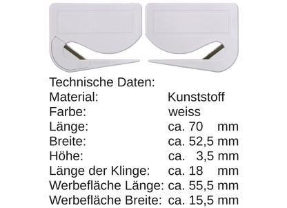 5 / 10 St. Brieföffner mit integrierter Klinge aus Kunststoff und Werbefeld weiß 70x52x3 mm