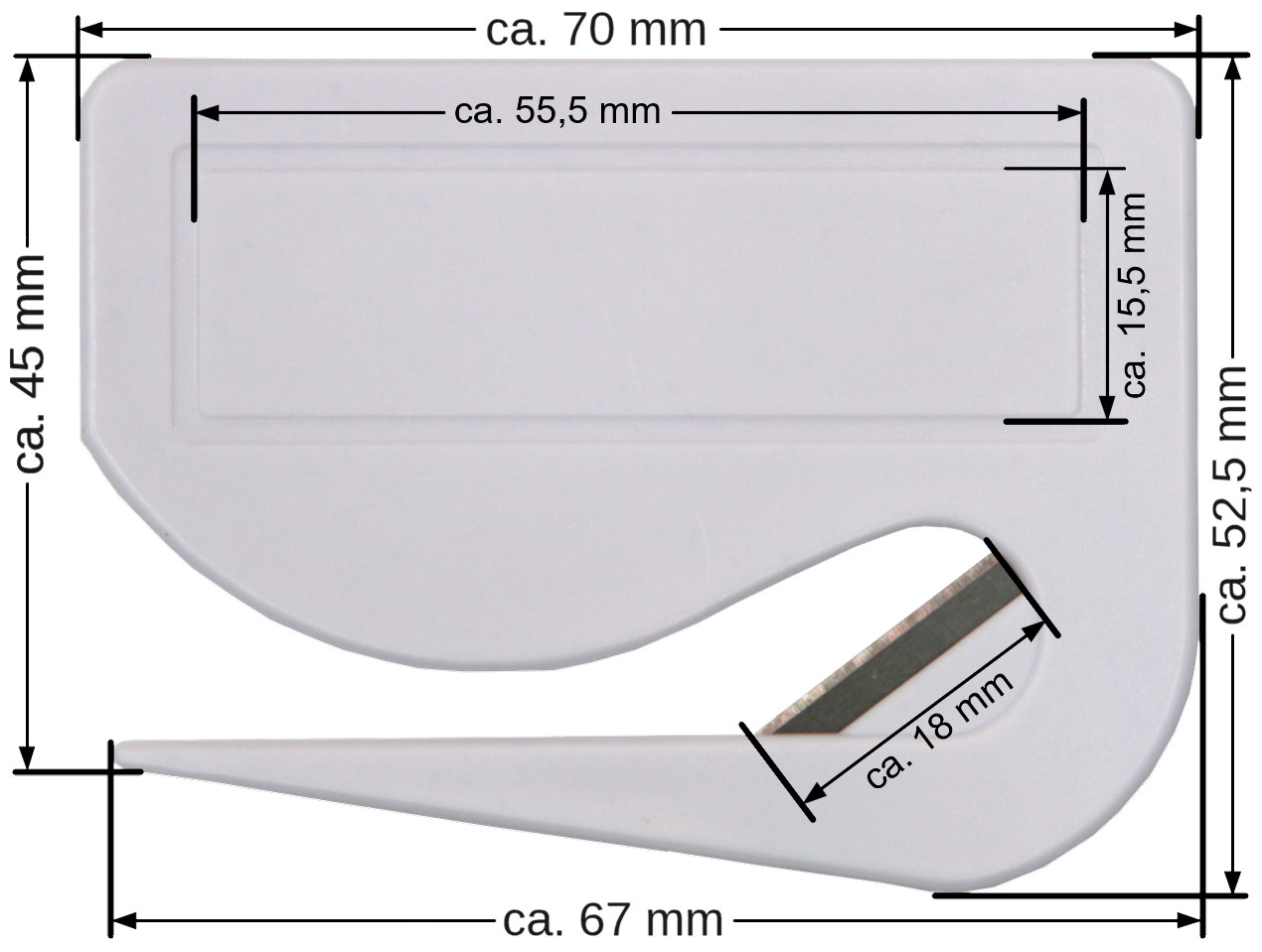 5 / 10 St. Brieföffner mit integrierter Klinge aus Kunststoff und Werbefeld weiß 70x52x3 mm