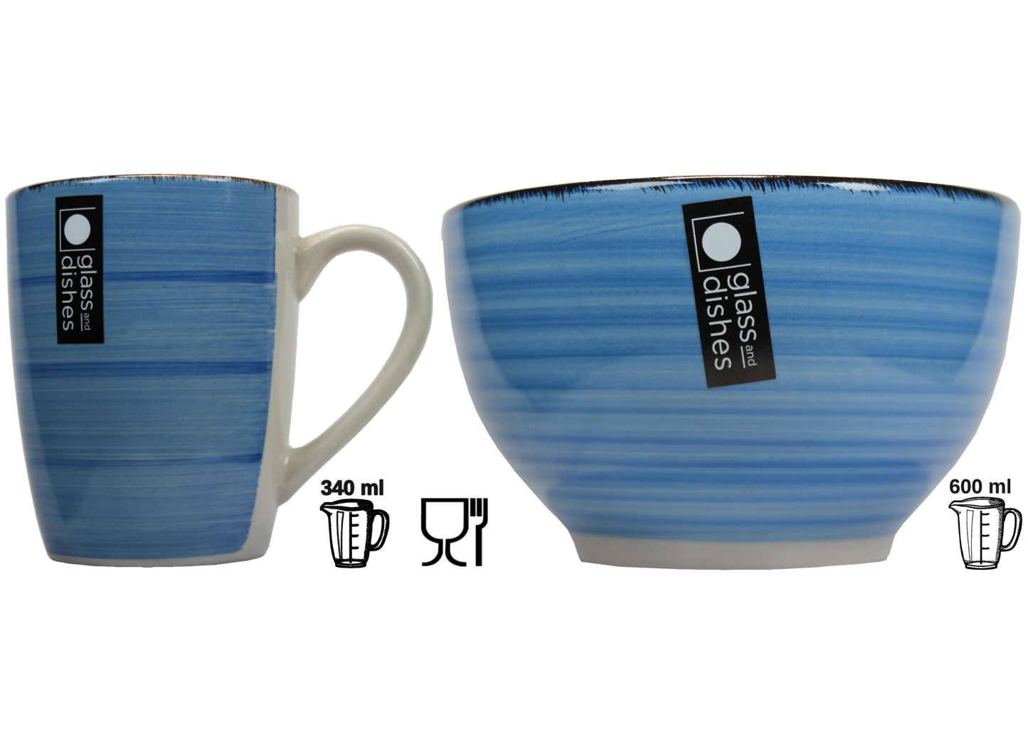 Frühstückset Jumbo Tasse XXL 340 ml und Müslischale 600 ml Ø 14 cm blau gestreift