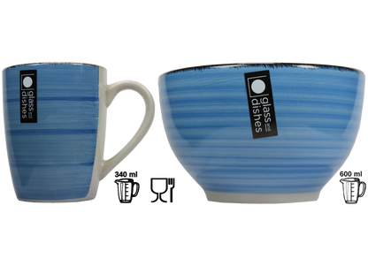 Frühstückset Jumbo Tasse XXL 340 ml und Müslischale 600 ml Ø 14 cm blau gestreift