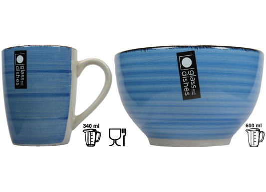 Frühstückset Jumbo Tasse XXL 340 ml und Müslischale 600 ml Ø 14 cm blau gestreift