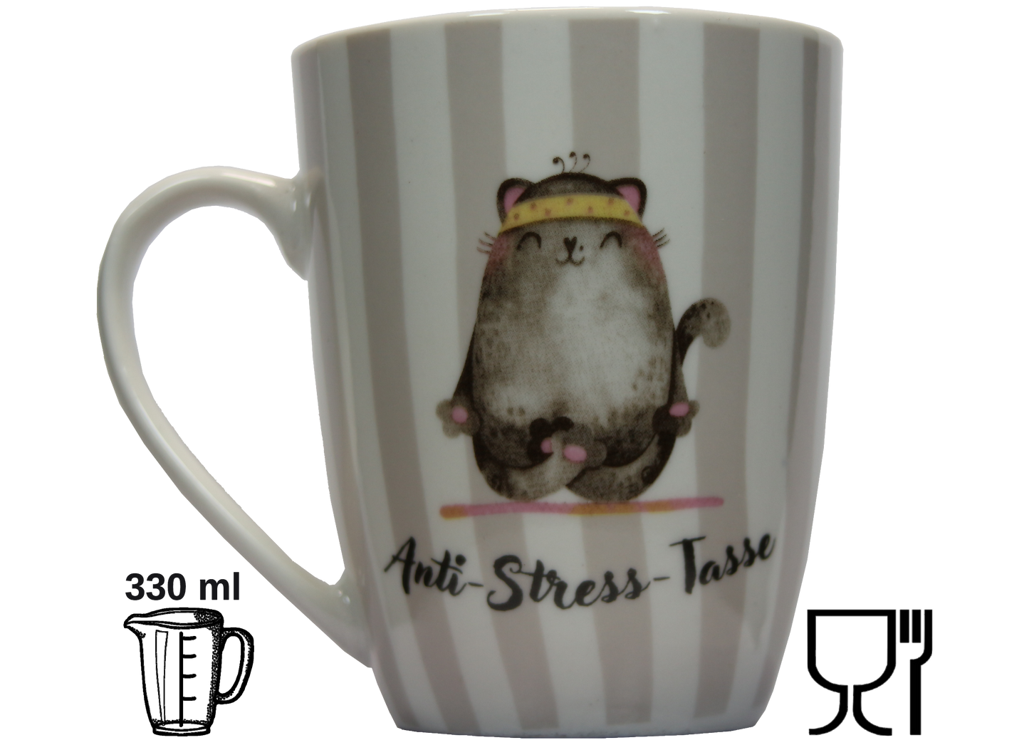 Jumbo Tasse XXL 330 ml mit Katze im Yogasitz und Schriftzug "Anti-Stress_Tasse"