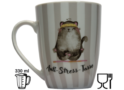 Jumbo Tasse XXL 330 ml mit Katze im Yogasitz und Schriftzug "Anti-Stress_Tasse"