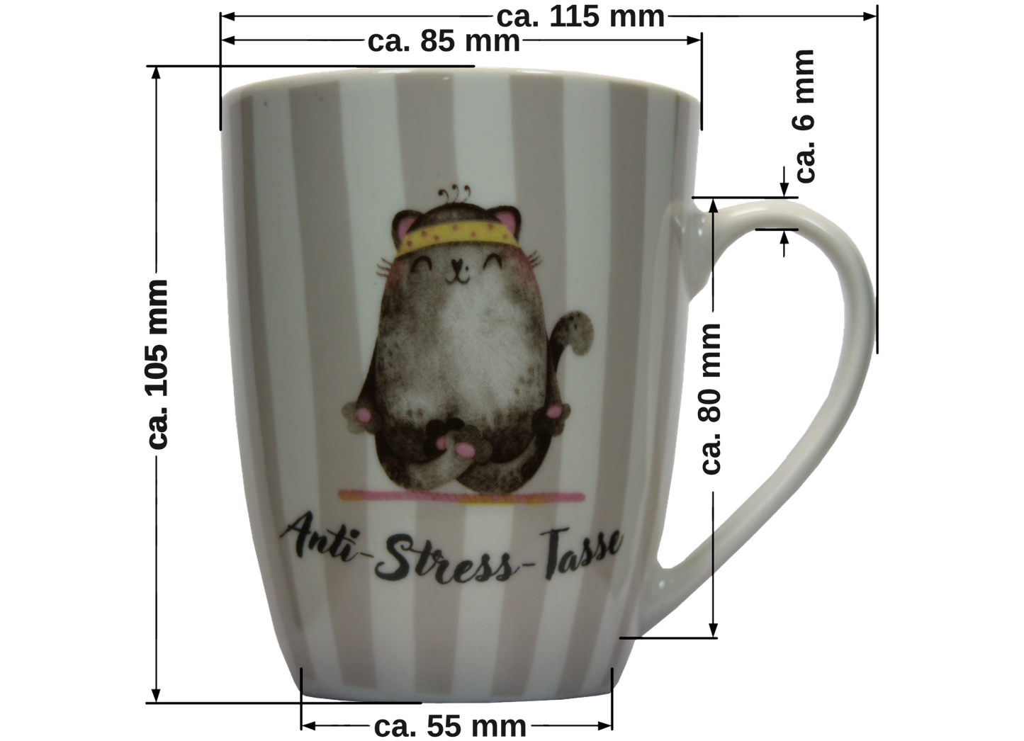 Jumbo Tasse XXL 330 ml mit Katze im Yogasitz und Schriftzug "Anti-Stress_Tasse"