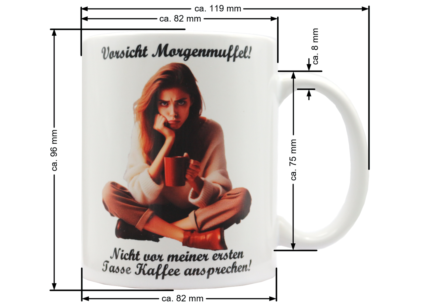 Jumbo Tasse XXL 330 ml mit mürrische Frau im Yogasitz und Schriftzug "Vorsicht! Morgenmuffel! ... " V2