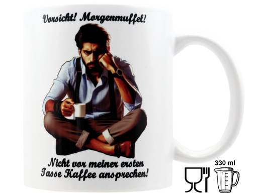 Jumbo Tasse XXL 330 ml mit mürrischen Mann im Yogasitz und Schriftzug "Vorsicht! Morgenmuffel! ...