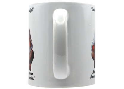 Jumbo Tasse XXL 330 ml mit mürrischen Mann im Yogasitz und Schriftzug "Vorsicht! Morgenmuffel! ...