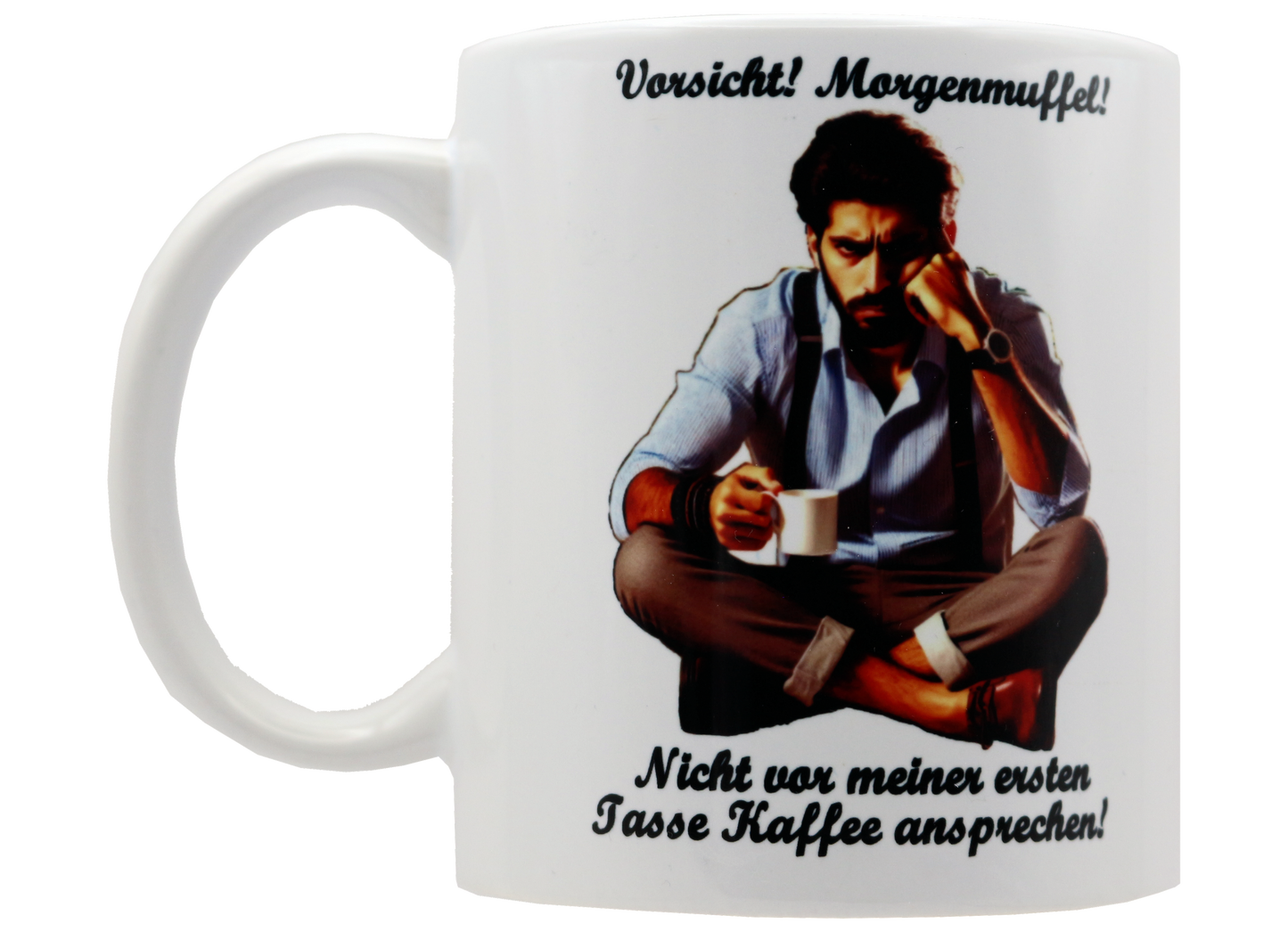 Jumbo Tasse XXL 330 ml mit mürrischen Mann im Yogasitz und Schriftzug "Vorsicht! Morgenmuffel! ...