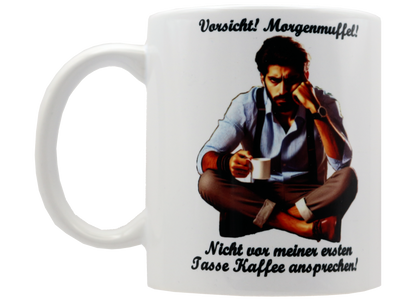 Jumbo Tasse XXL 330 ml mit mürrischen Mann im Yogasitz und Schriftzug "Vorsicht! Morgenmuffel! ...