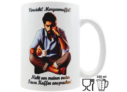 Jumbo Tasse XXL 330 ml mit mürrischen Mann im Yogasitz und Schriftzug "Vorsicht! Morgenmuffel! ...