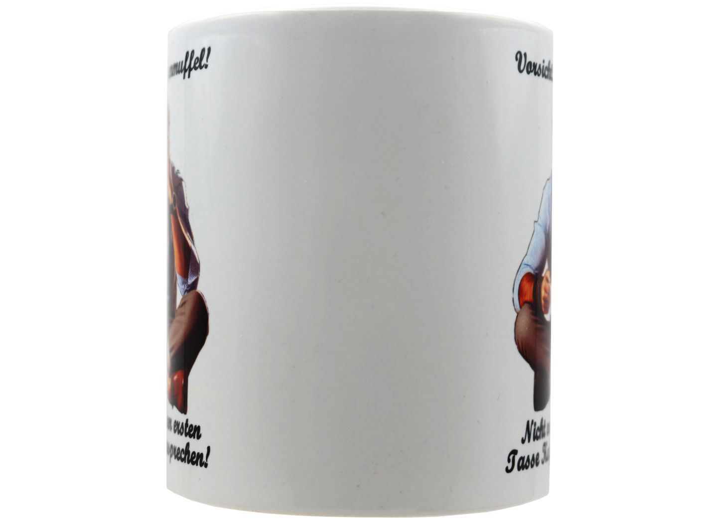 Jumbo Tasse XXL 330 ml mit mürrischen Mann im Yogasitz und Schriftzug "Vorsicht! Morgenmuffel! ...