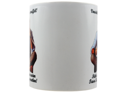 Jumbo Tasse XXL 330 ml mit mürrischen Mann im Yogasitz und Schriftzug "Vorsicht! Morgenmuffel! ...