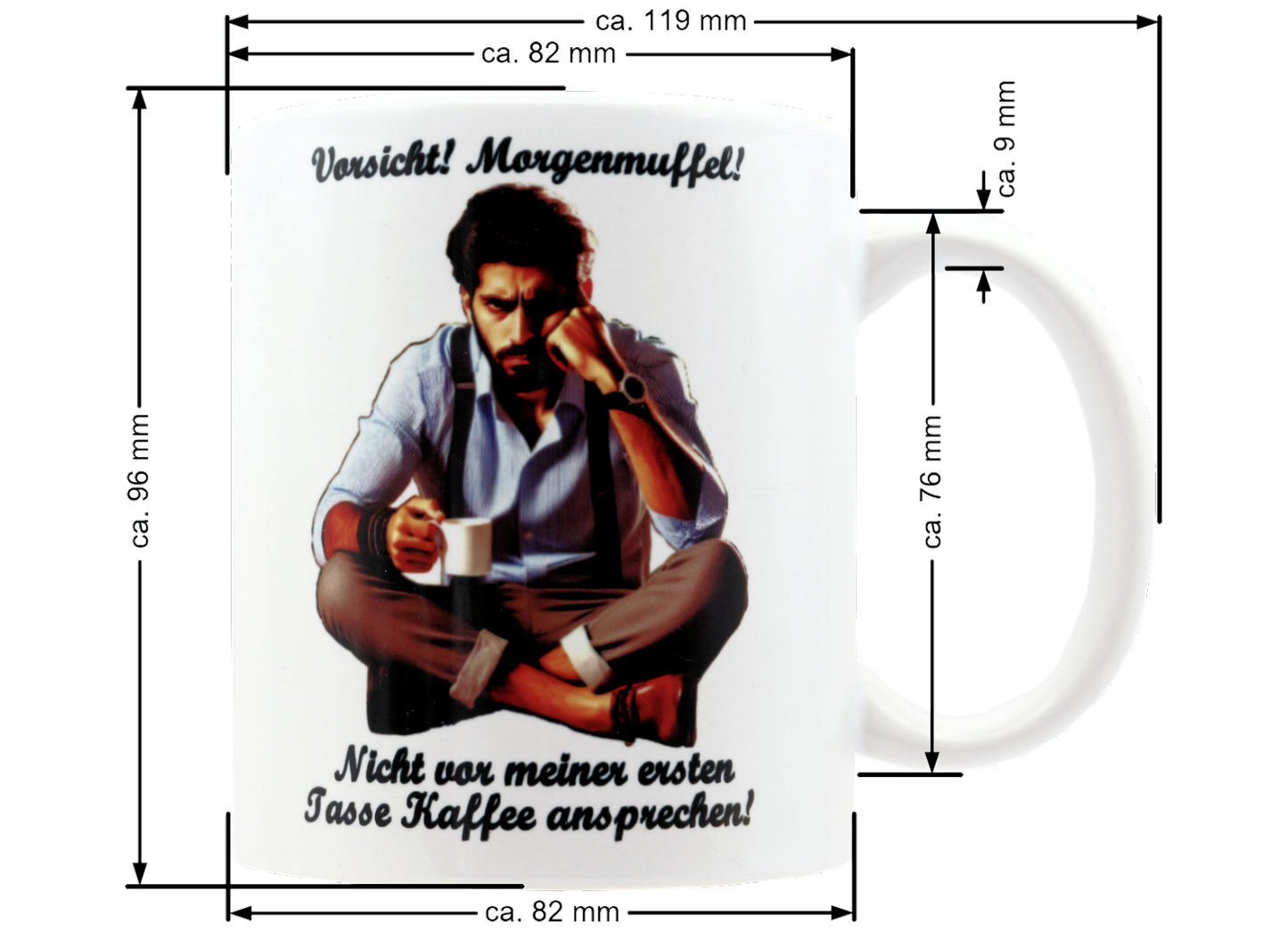 Jumbo Tasse XXL 330 ml mit mürrischen Mann im Yogasitz und Schriftzug "Vorsicht! Morgenmuffel! ...