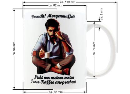 Jumbo Tasse XXL 330 ml mit mürrischen Mann im Yogasitz und Schriftzug "Vorsicht! Morgenmuffel! ...