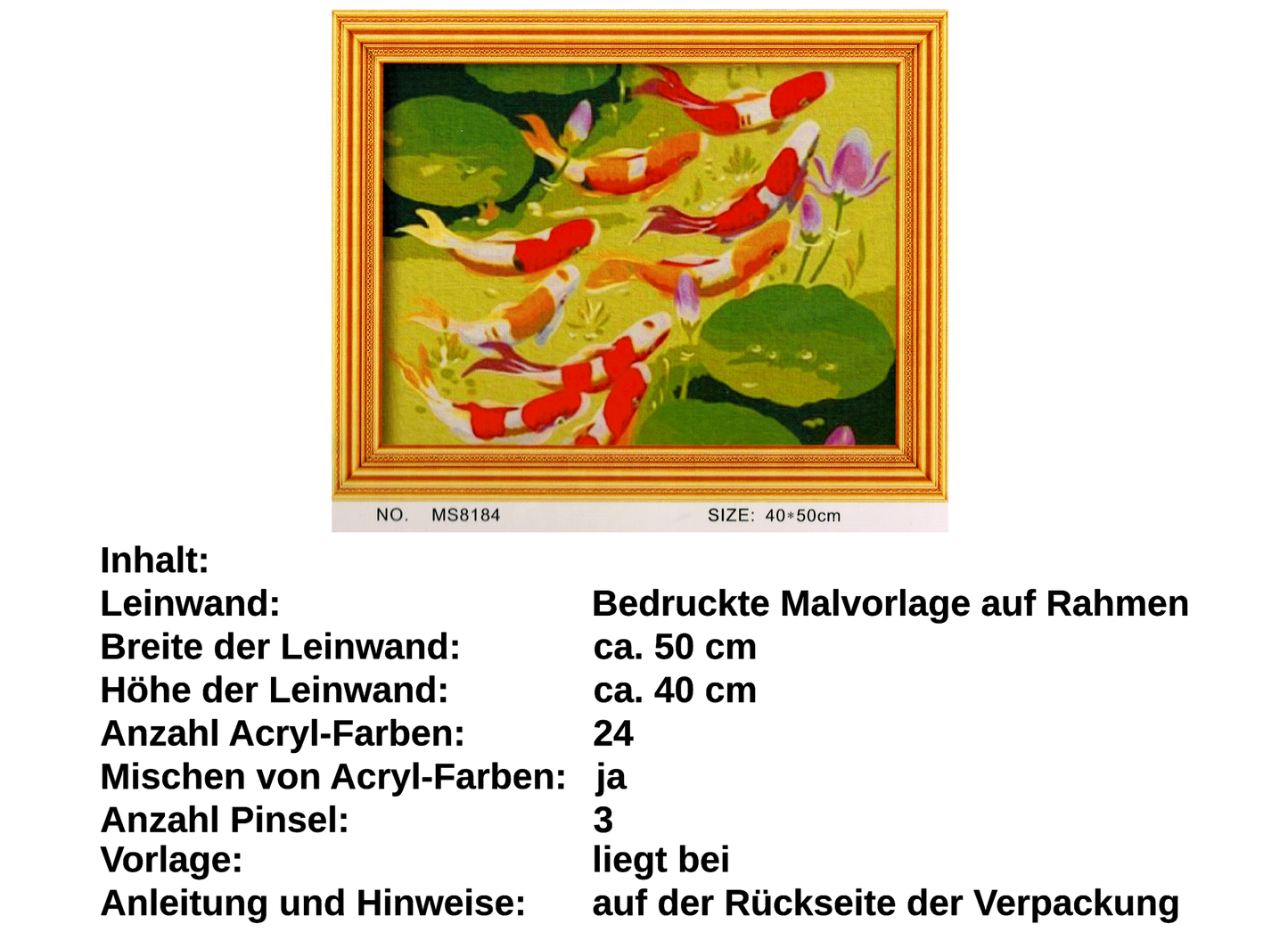 Koi im Teich auf Rahmen 50 x 40 cm Malen nach Zahlen Acryl Set MS8184 24 Farben