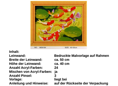 Koi im Teich auf Rahmen 50 x 40 cm Malen nach Zahlen Acryl Set MS8184 24 Farben